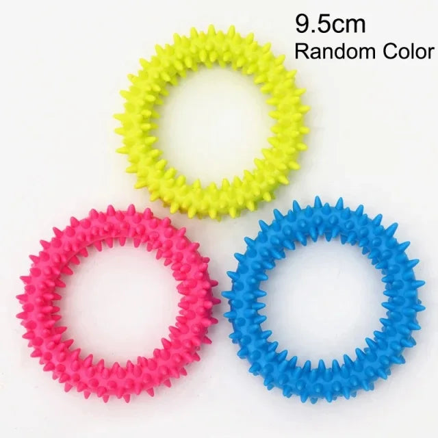 FanzyMarket bite-resistant rubber spiked dog chew toy for small dogs with squeaky feature and teeth cleaning design.