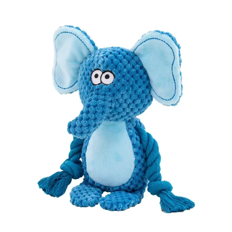 FanzyMarket indestructible plush squeaky dog chew toy with assorted animal designs, bite-resistant and suitable for small to medium dogs.