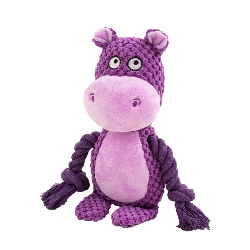 Indestructible plush squeaky dog chew toy by FanzyMarket with assorted animal designs, bite-resistant and perfect for small to medium dogs.