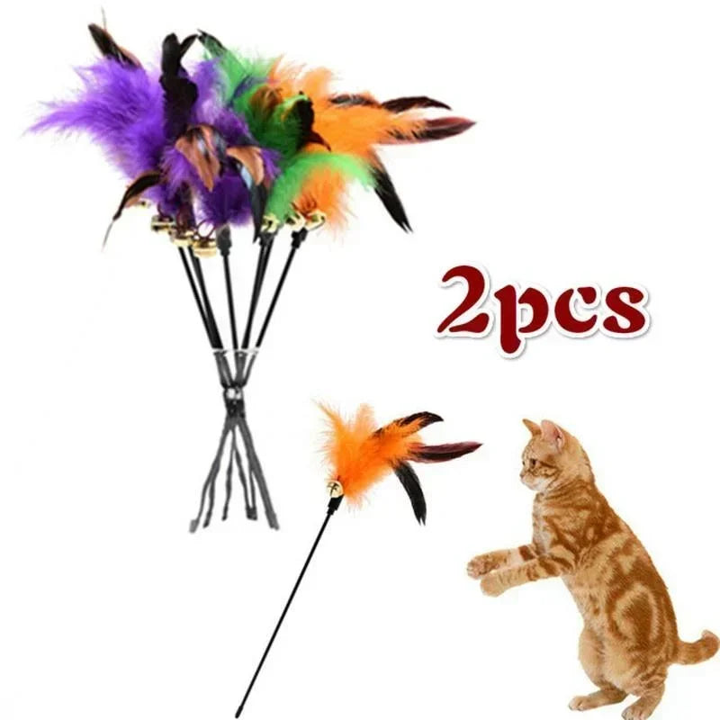 Two Feather Wand cat toys with bells by FanzyMarket, featuring colorful feathers for interactive feline play and stimulation.