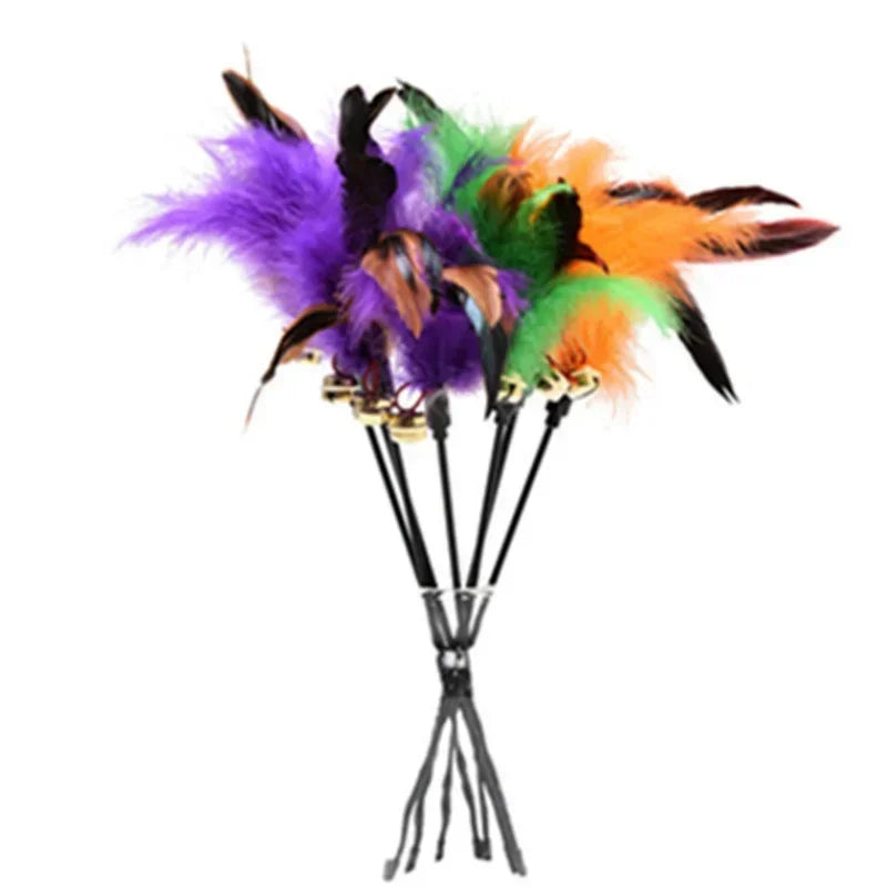 Two Feather Wand cat toys with bells from FanzyMarket, featuring colorful feathers for interactive feline play.
