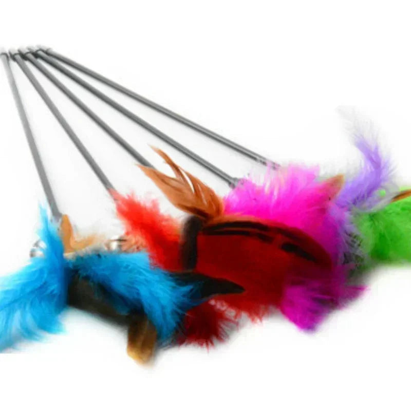 Two Feather Wand cat toys with bells from FanzyMarket, featuring colorful feathers and interactive teasing design.