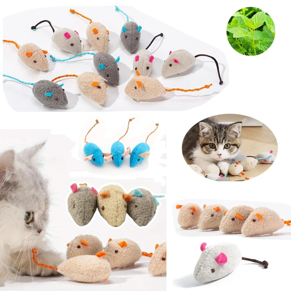Colorful pack of 50 to 200 FanzyMarket rattle cat mouse toys with catnip and faux fur, designed for interactive play for cats.