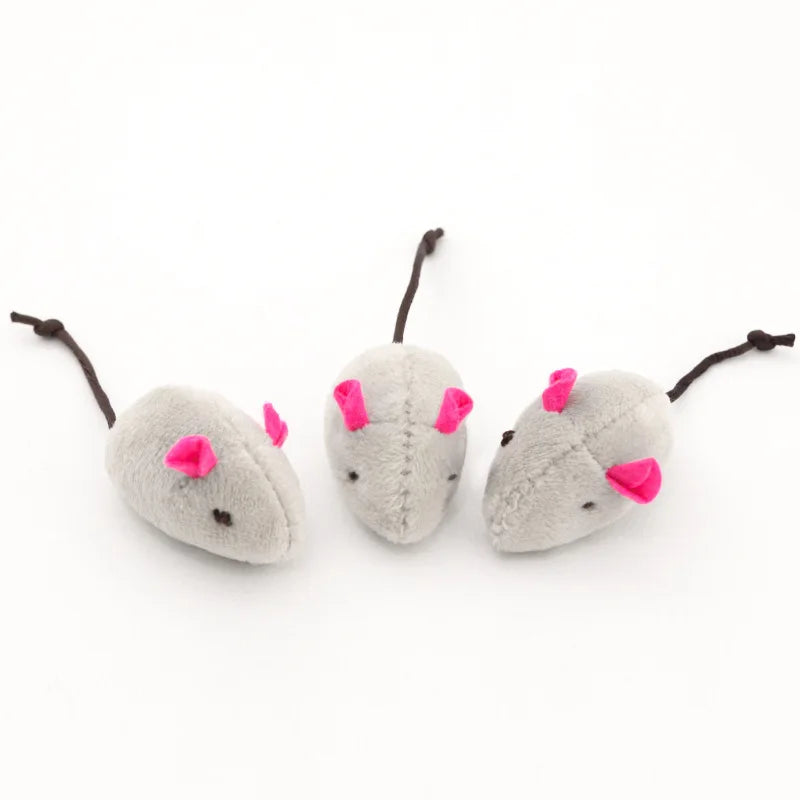 Colorful pack of 50 to 200 prefilled catnip rattle mouse toys made of faux fur, designed for interactive play with cats.