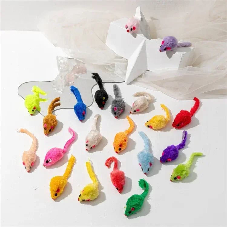 Colorful pack of 50 to 200 FanzyMarket rattle cat mouse toys with prefilled catnip, faux fur, and interactive design for cats.