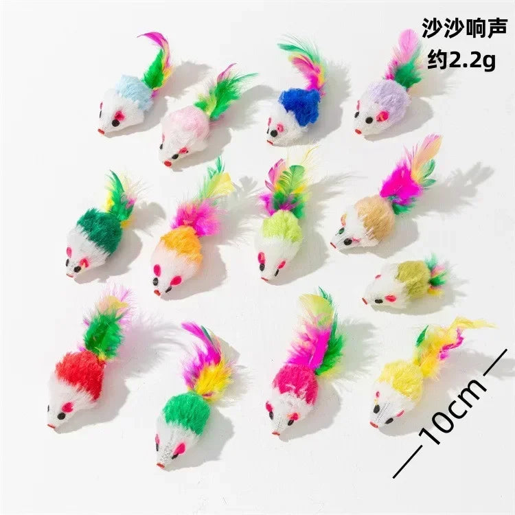 Colorful pack of 50 to 200 FanzyMarket cat mouse toys with catnip, faux fur, and rattles for interactive feline play.
