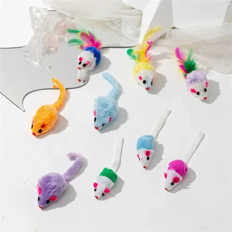 Colorful pack of 50 to 200 FanzyMarket rattle cat mouse toys with prefilled catnip, faux fur, and interactive design for cats.