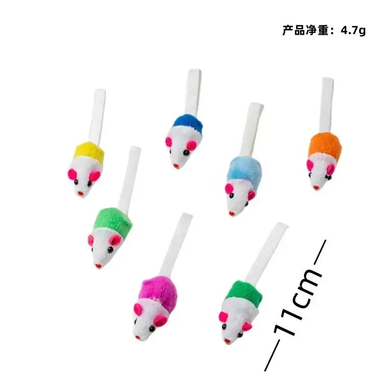 Colorful pack of 50 to 200 FanzyMarket rattle cat mouse toys with catnip, faux fur, and interactive design for feline play.