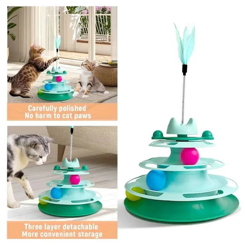 Dark blue FanzyMarket interactive cat toy tower with turntable track, rolling balls, and feather teaser for kitten entertainment.