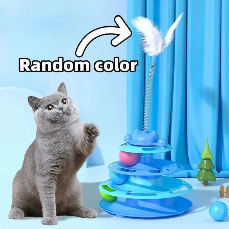 Dark blue FanzyMarket interactive cat toy tower with turntable track, rolling balls, and feather teaser for kitten entertainment.
