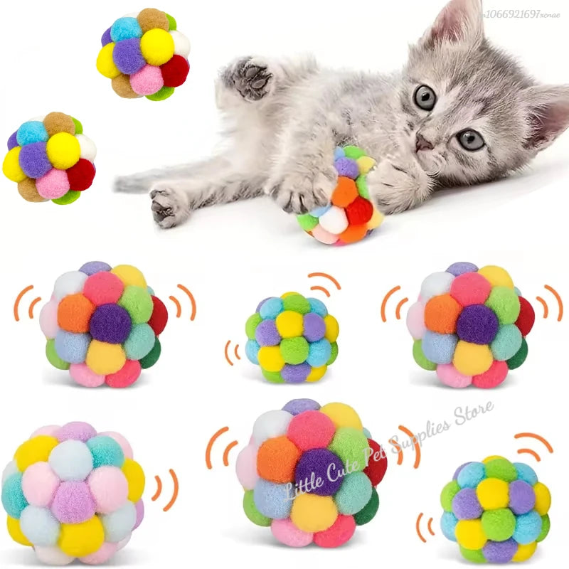 FanzyMarket pom pom cat toy with bells, 6cm tinsel sparkle ball for indoor cats and kittens, plush interactive pet toy