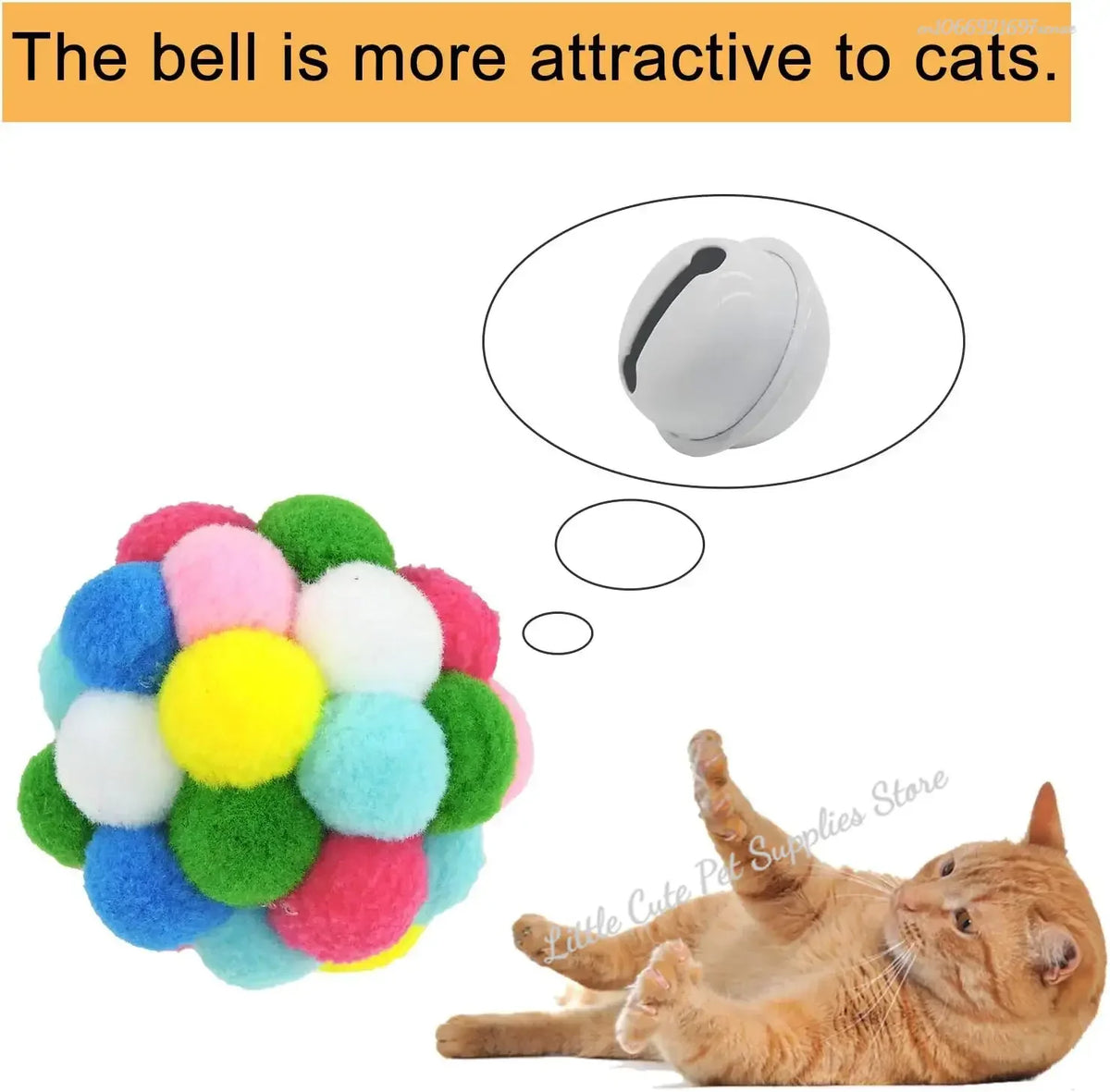 Colorful pom pom cat toy with bells and tinsel sparkle, designed for indoor cats and kittens to play and interact.