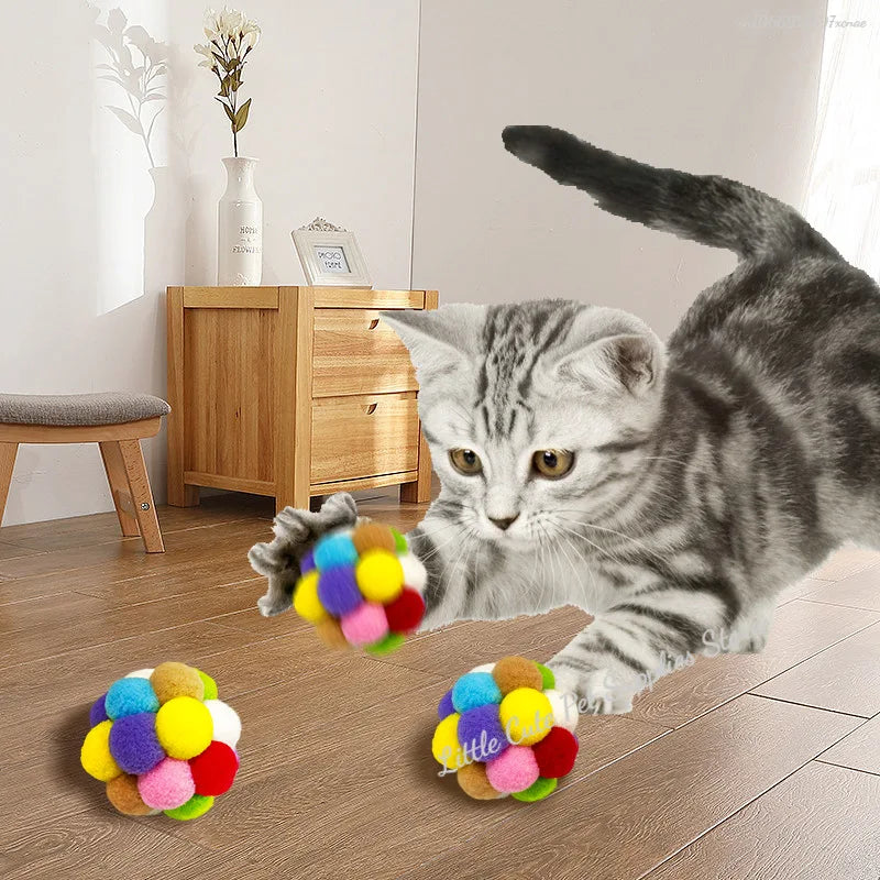 FanzyMarket Pom Pom Cat Toy with bells and tinsel sparkle, 6cm plush ball for indoor cats and kittens to play and chase.