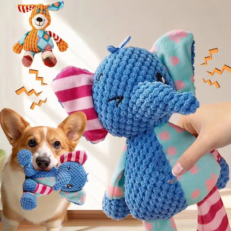 FanzyMarket plush dog chew toy with squeaker, bite-resistant, interactive, and teeth-cleaning, measuring 27 x 28 cm for small dogs.