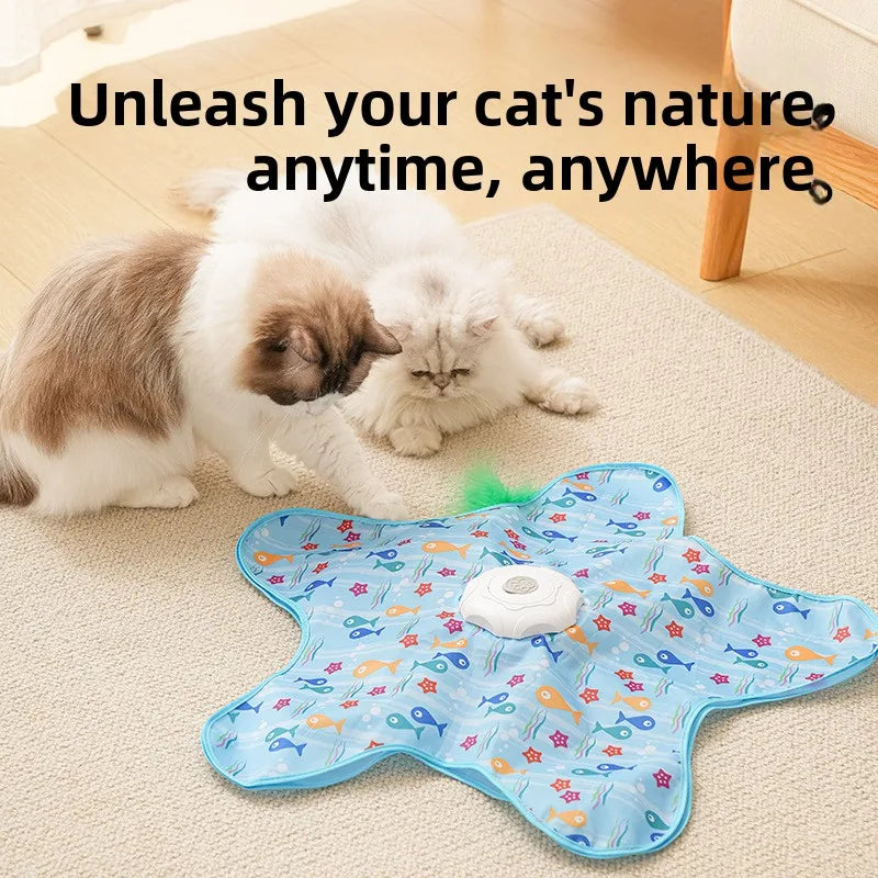 FanzyMarket USB rechargeable interactive cat toy with hidden feather wand and electronic chase mat, designed to entertain cats.