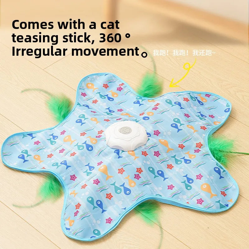 FanzyMarket USB rechargeable interactive cat toy with hidden feather wand on electronic chase mat, designed to entertain cats.