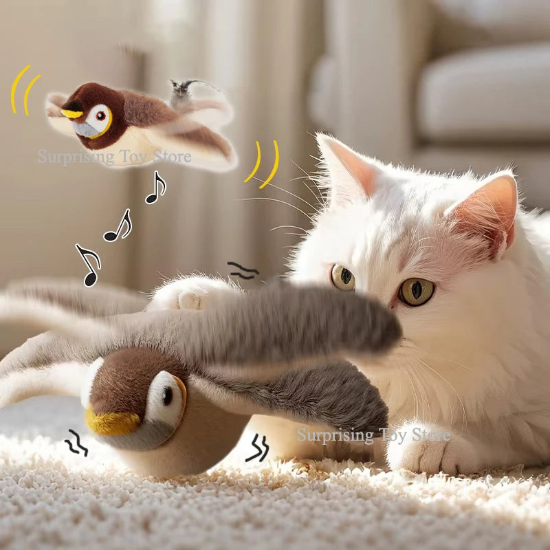 Rechargeable interactive cat toy by FanzyMarket, plush flapping bird with chirping sound, touch-activated, infused with catnip for cats.