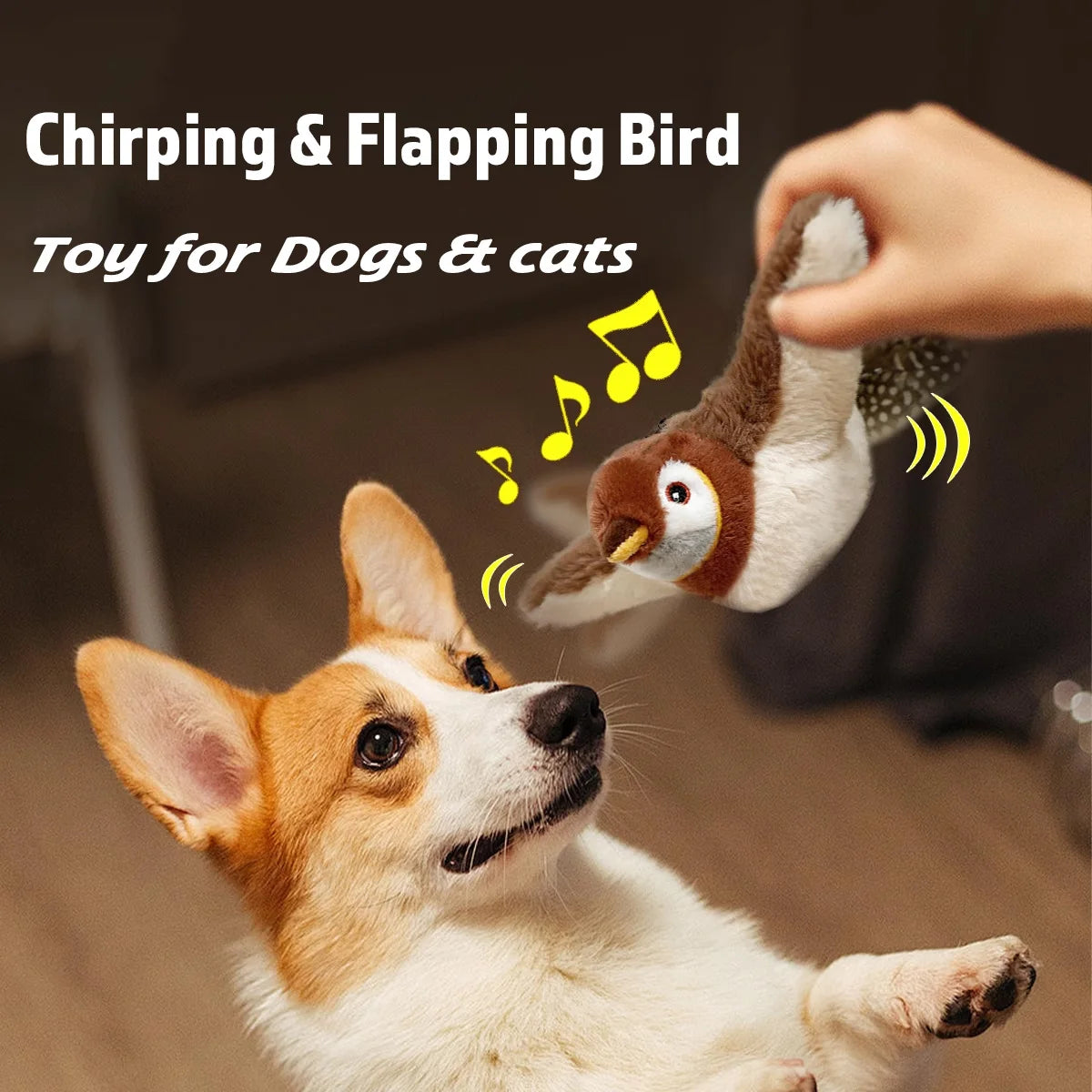 Rechargeable interactive cat toy by FanzyMarket featuring a plush chirping, flapping bird with catnip for feline entertainment.