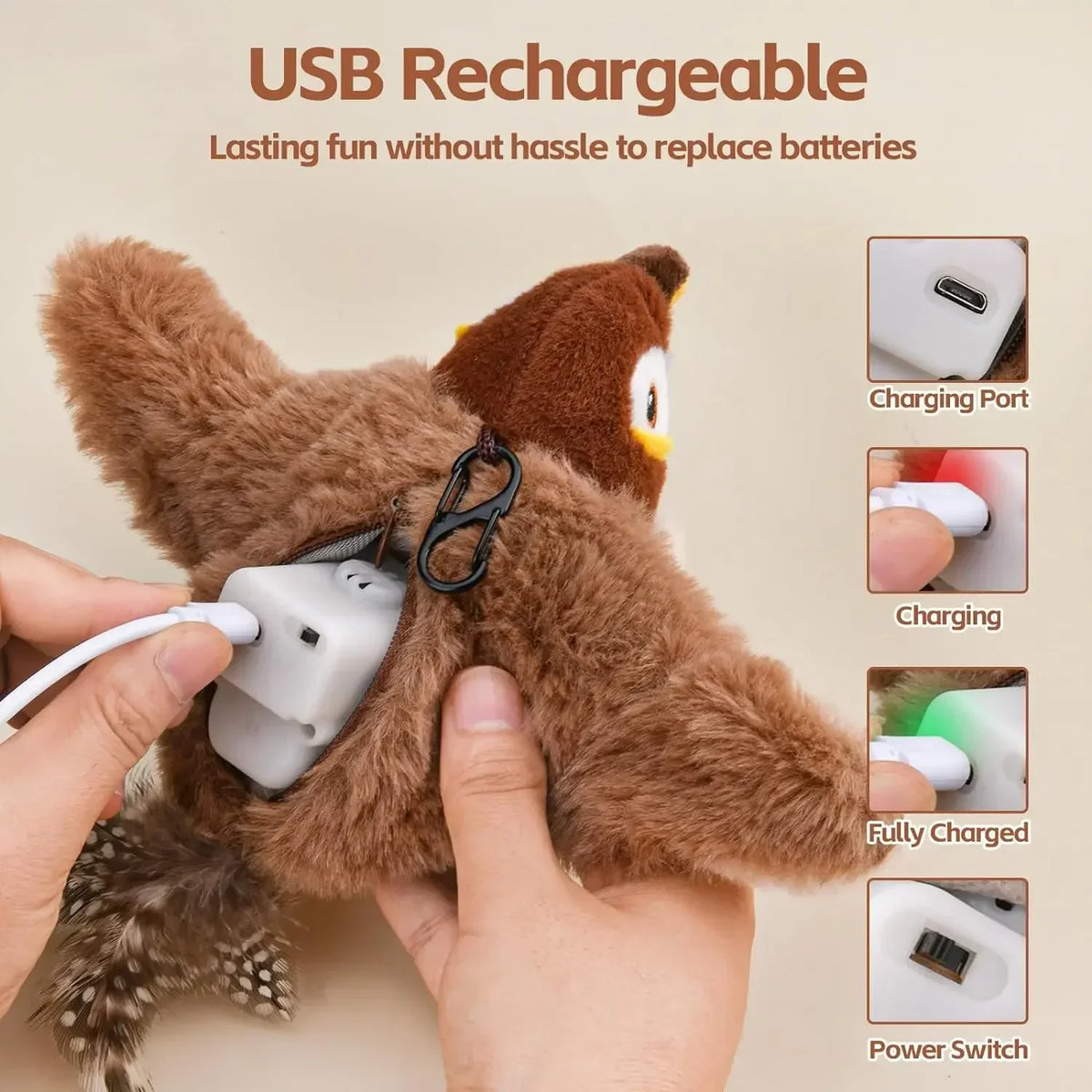 Rechargeable interactive cat toy by FanzyMarket featuring a plush chirping flapping bird with catnip, touch-activated for feline fun.