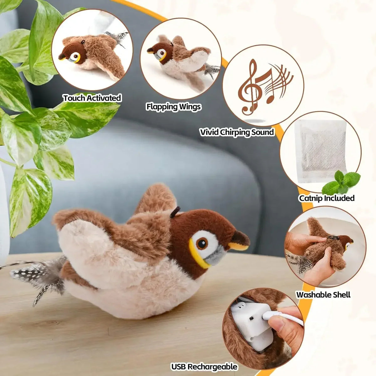 Rechargeable interactive cat toy by FanzyMarket featuring a plush chirping flapping bird with catnip for feline entertainment.