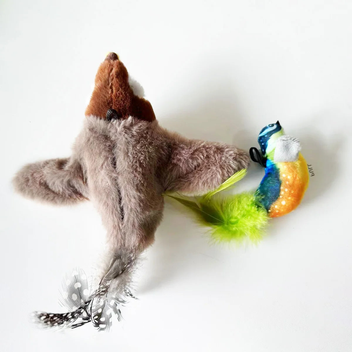 Rechargeable interactive cat toy by FanzyMarket featuring a plush chirping flapping bird with catnip for feline play.