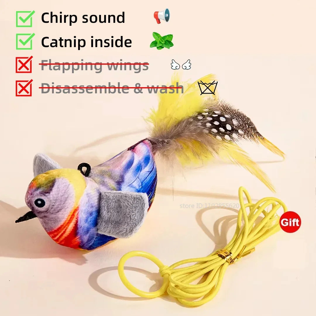 Rechargeable interactive cat toy by FanzyMarket featuring a plush chirping, flapping bird with catnip for engaging feline play.