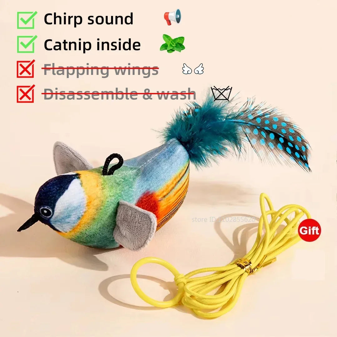 FanzyMarket rechargeable interactive cat toy featuring a plush chirping, flapping bird with catnip for feline entertainment.