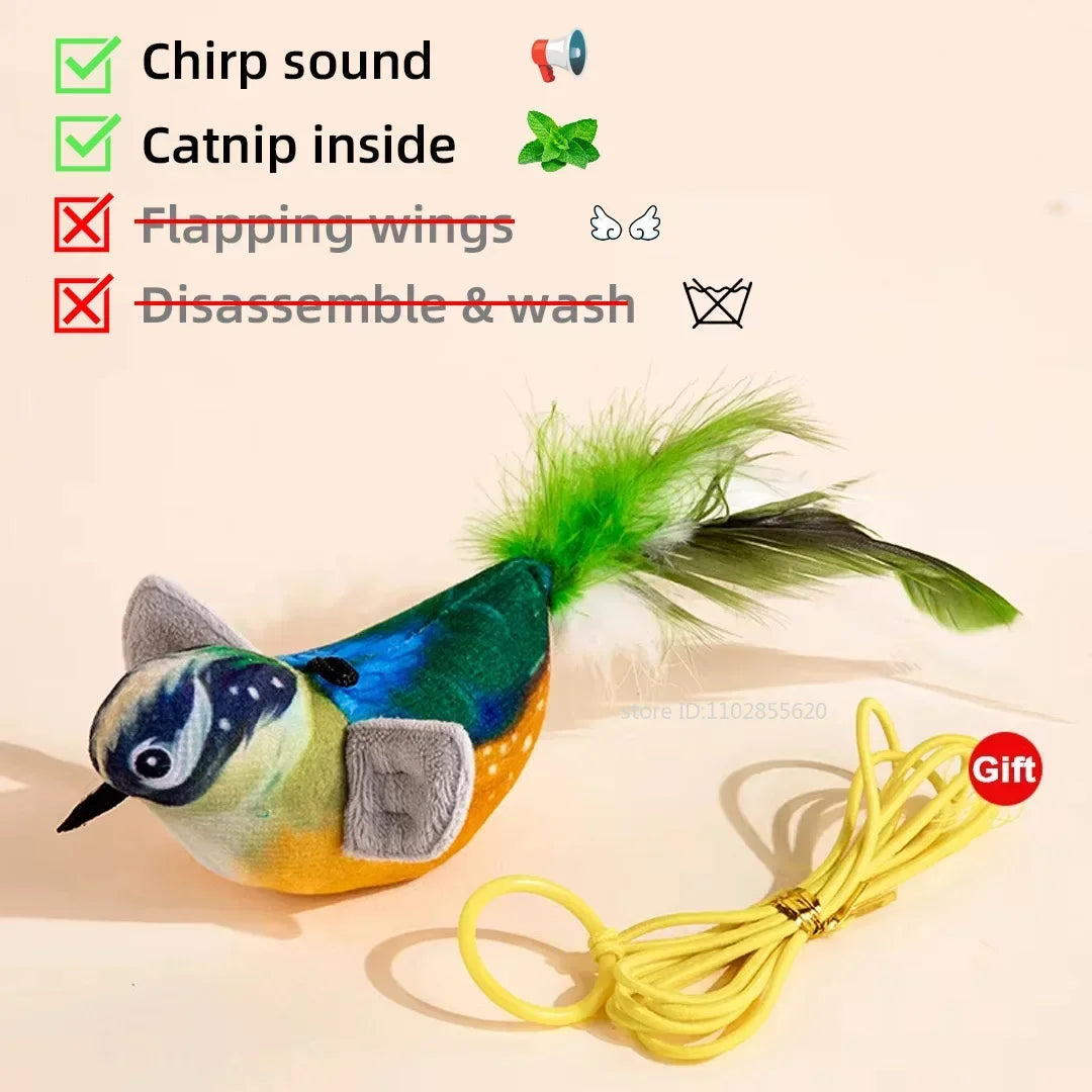 Rechargeable interactive cat toy by FanzyMarket featuring a plush chirping, flapping bird with catnip for stimulating play.
