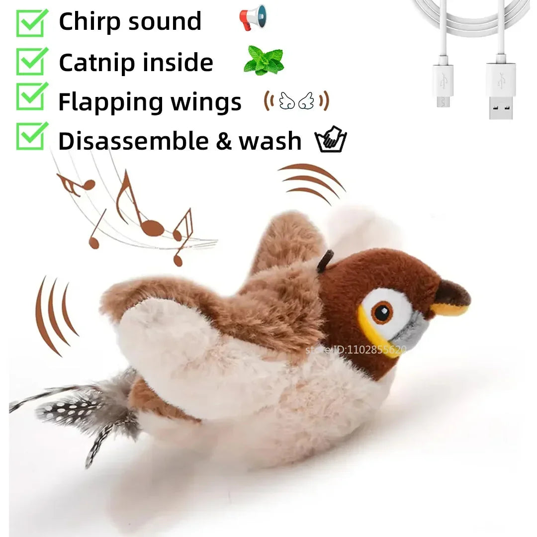 Rechargeable interactive cat toy by FanzyMarket featuring a plush chirping, flapping bird with catnip for feline play and stimulation.