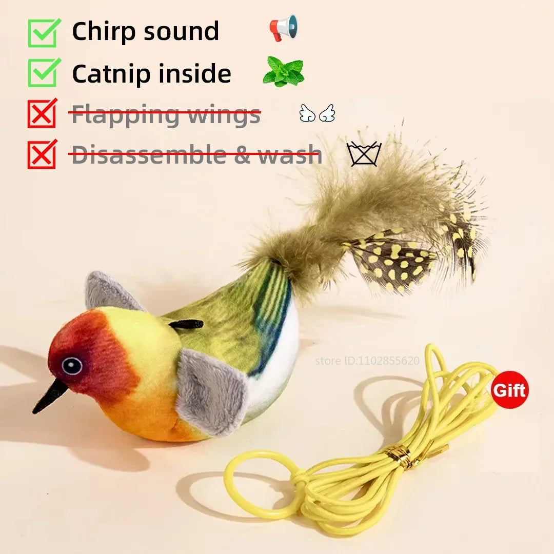 Rechargeable interactive cat toy by FanzyMarket featuring a plush flapping bird with chirping sounds and catnip for feline play.