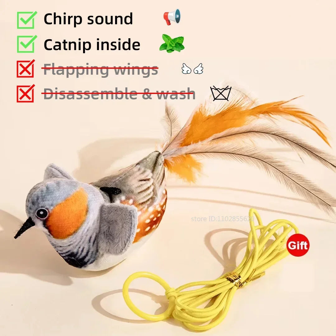 Rechargeable interactive cat toy by FanzyMarket featuring a plush chirping, flapping bird with catnip for feline entertainment.