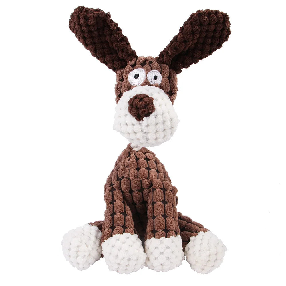 FanzyMarket dog chew toy with corduroy plush, squeaker, and molar design for large dogs, featuring monkey and pig shapes.