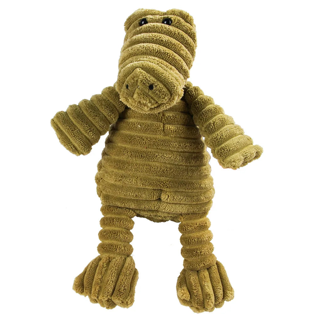 FanzyMarket dog chew toy with plush corduroy texture, squeaky, molar cleaning design, featuring monkey and pig shapes for large dogs.