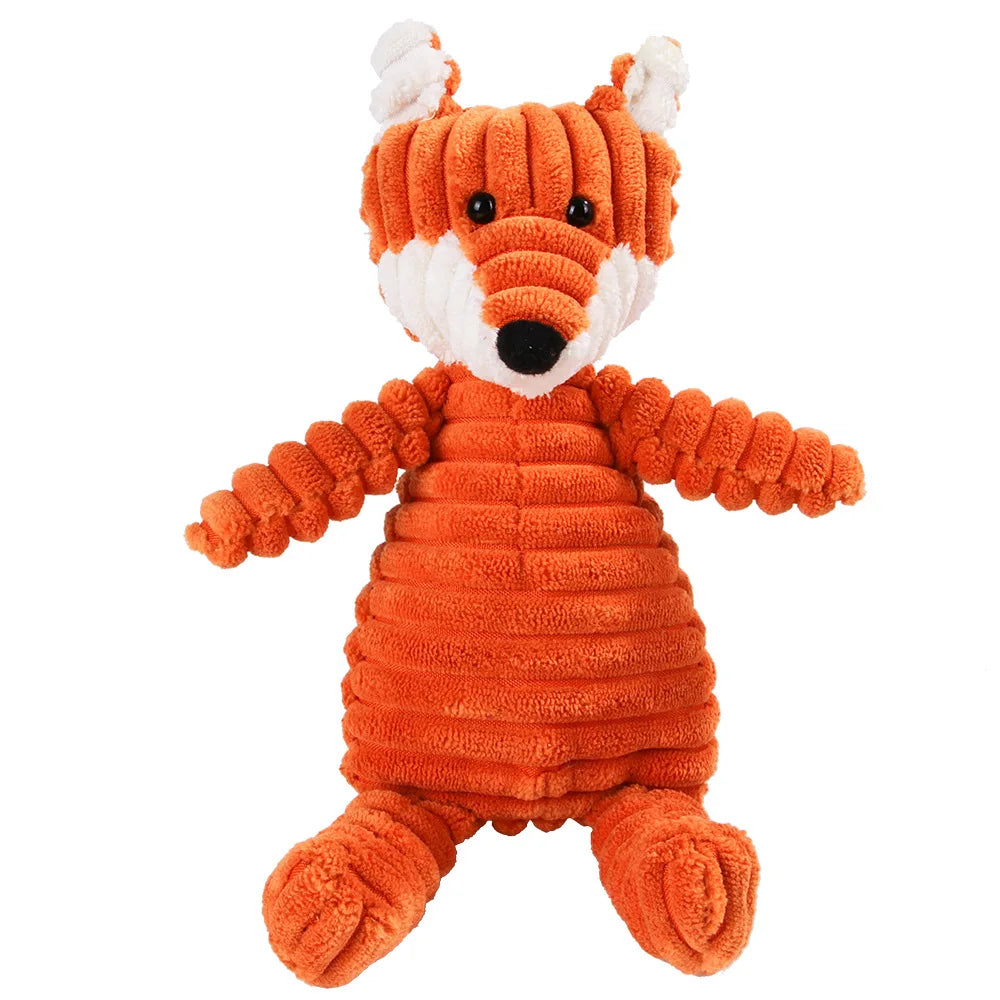 FanzyMarket dog chew toy with corduroy plush, squeaky, molar cleaning design, featuring monkey and pig shapes for large dogs.