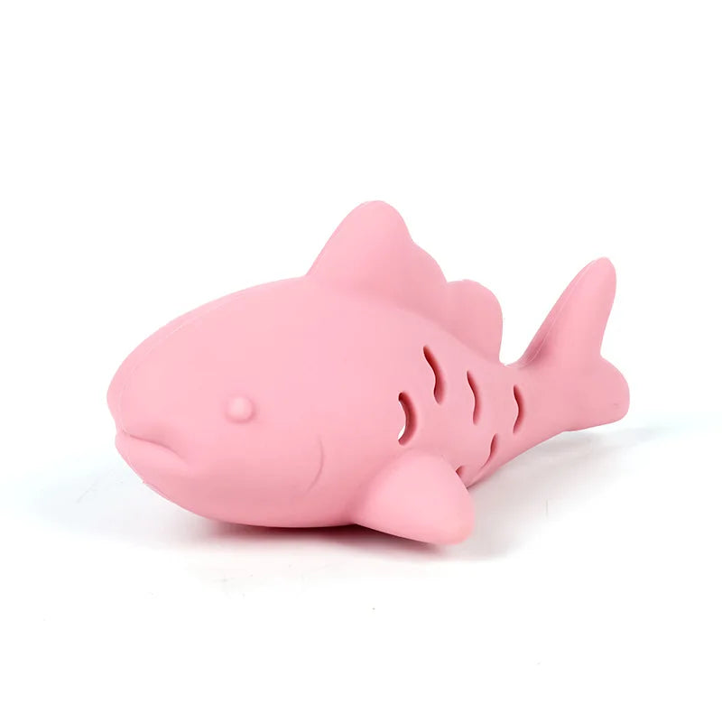 Gray fish-shaped silicone cat toy with treat dispenser, bite-resistant teeth cleaning chew toy for kittens, by FanzyMarket.
