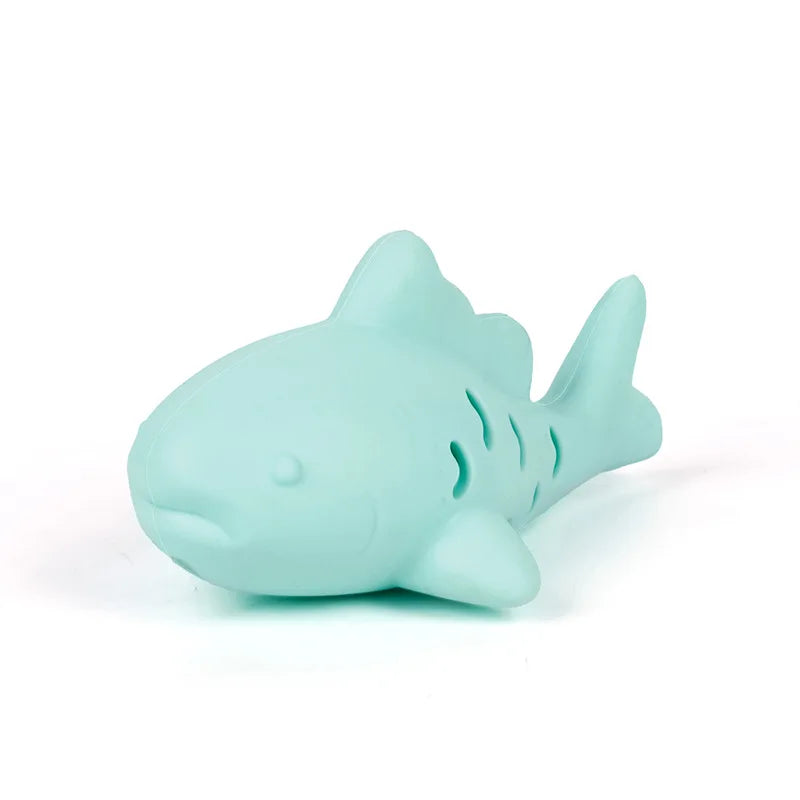 Gray fish-shaped silicone cat toy with treat dispenser, bite-resistant teeth cleaning chew toy for kittens by FanzyMarket