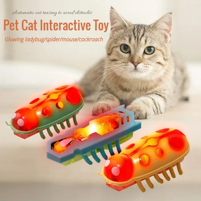 FanzyMarket interactive battery-operated bug cat toy for kittens, green and black with automatic vibration and obstacle avoidance.