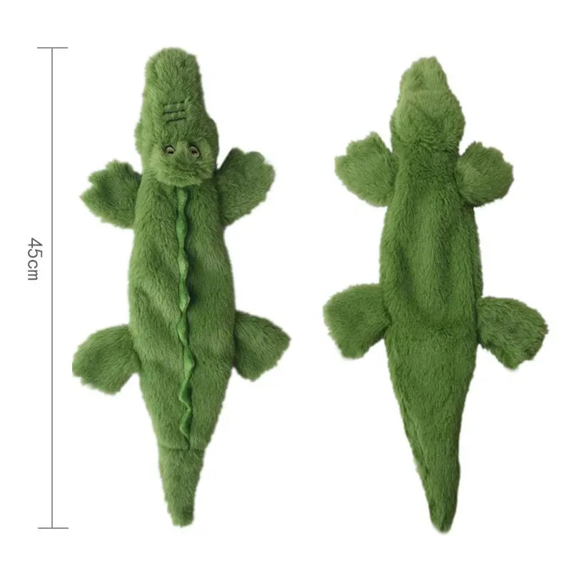 FanzyMarket no-stuffing squeaky dog toy in green crocodile plush with crinkle sound and chew-resistant design for durable pet play.