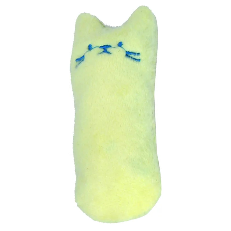Green interactive catnip plush chew toy with squeaker for cats and kittens, designed for teeth cleaning and play.