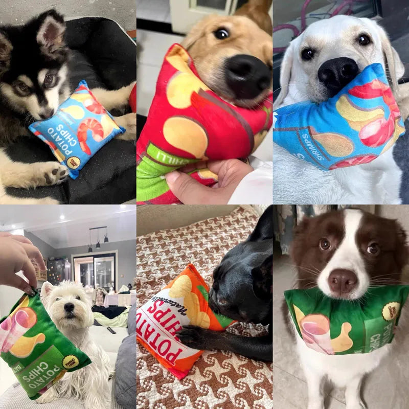 FanzyMarket Plush Crisps squeaky dog toy in green, bite-resistant plush with crunch sound for small and medium dogs.
