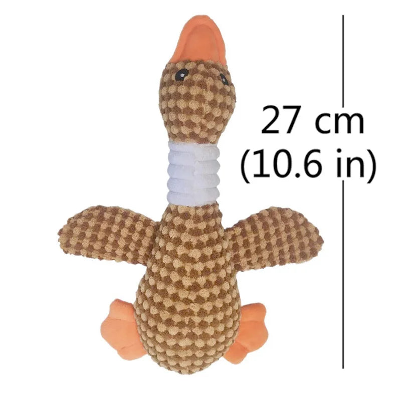 FanzyMarket plush duck squeak dog toy, soft green pet toy for puppies and dogs, includes dental chew features in small, medium, large sizes.