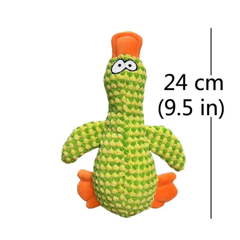 FanzyMarket plush duck squeak dog toy for puppies and dogs, featuring a soft, green plush design with a built-in squeaker and dental chew.