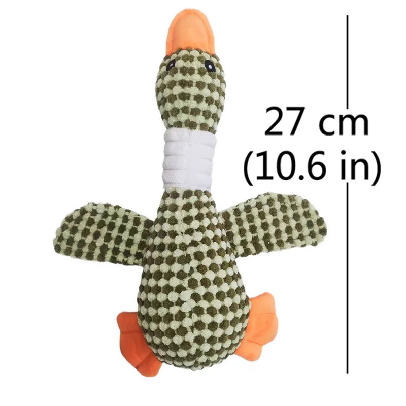 FanzyMarket plush green duck squeak dog toy, soft plush dental chew for puppies and dogs in small, medium, and large sizes.