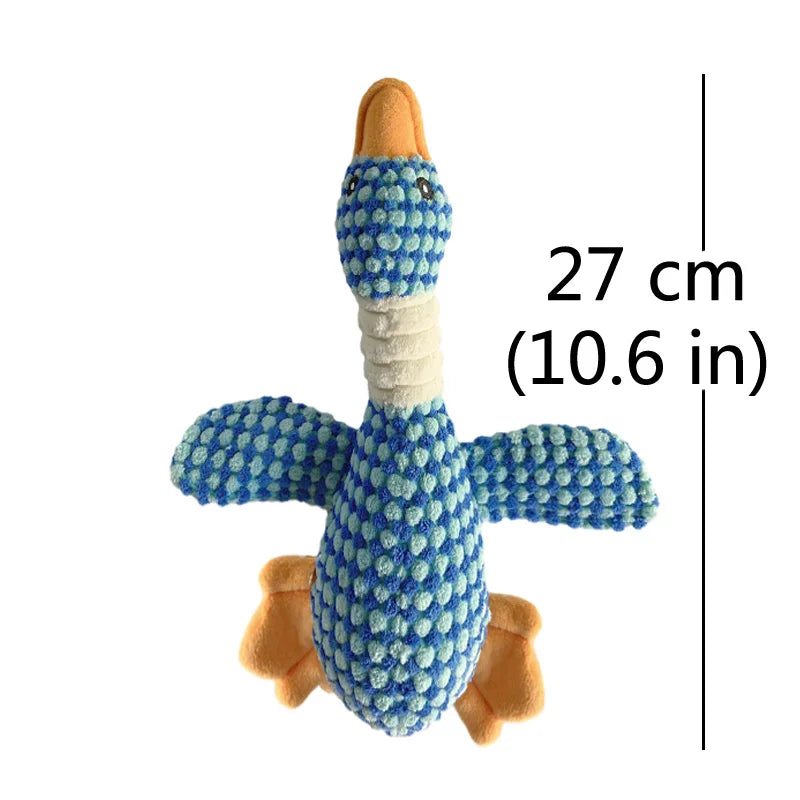 Green plush duck squeak dog toy by FanzyMarket, soft dental chew for puppies and dogs in small, medium, and large sizes.