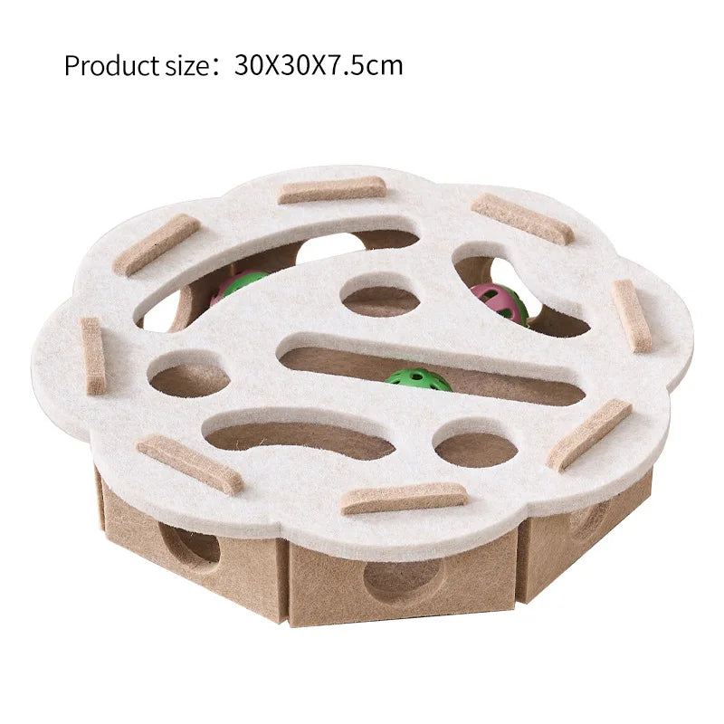 Green felt maze tunnel with a bell ball for cats, interactive pet toy by FanzyMarket for indoor enrichment and play.