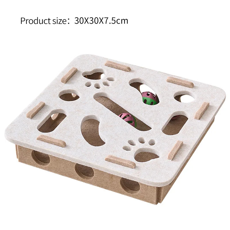 FanzyMarket interactive green felt cat puzzle toy with maze tunnel, bell ball, and enrichment features for indoor cats.