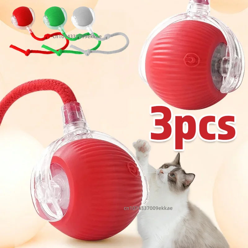 Rechargeable interactive grey cat ball with tail, automatic rolling pet toy that mimics a mouse, part of FanzyMarket pet toy pack.