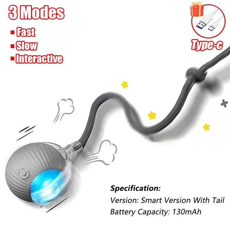 Rechargeable interactive cat ball with tail from FanzyMarket, automatic rolling toy that mimics a mouse for feline play and exercise.