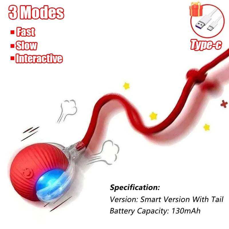 Rechargeable interactive cat ball with tail, automatic rolling toy that mimics a mouse, by FanzyMarket, for engaging feline play.