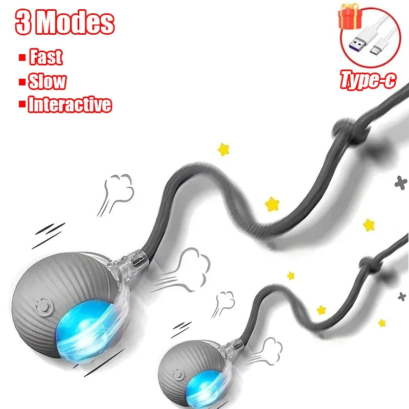 Rechargeable interactive cat ball with tail by FanzyMarket, automatic rolling pet toy that mimics a mouse for playful cats.